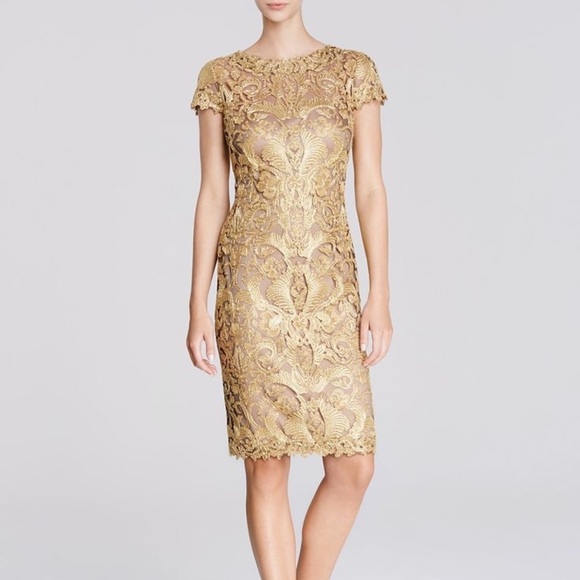 Tadashi Shoji Cap-Sleeve Embroidered Sheath Dress Gold Cream 10 Wedding Guest - Picture 1 of 9